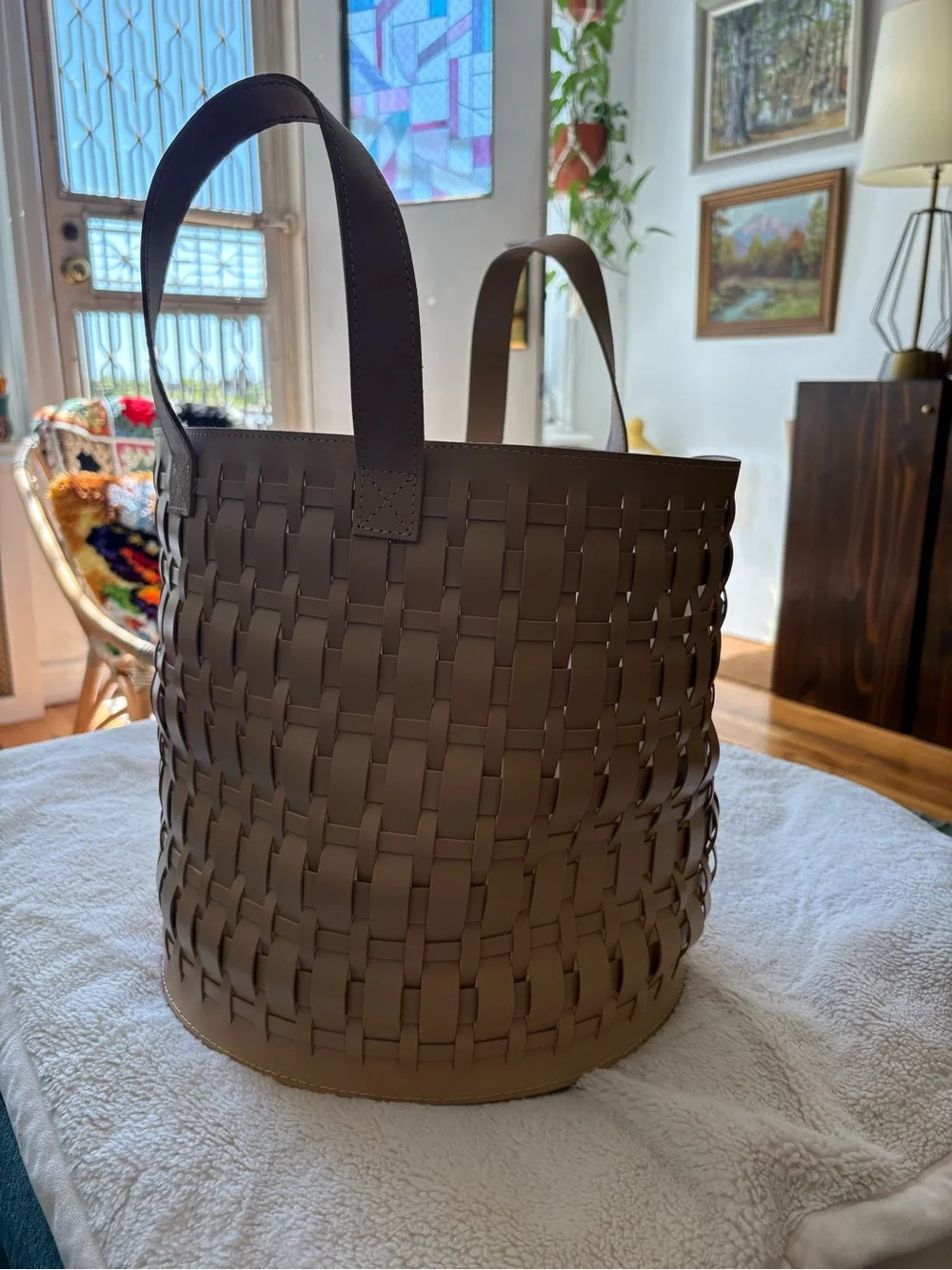 West Elm Leather Woven Basket with Handles - Light Beige, Tab